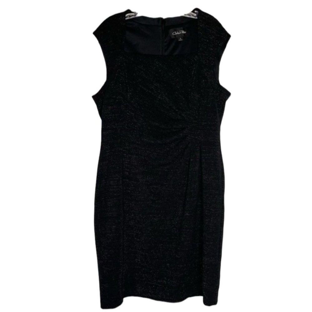 Chelsea Rose Black Glitter Metallic Ruched Side Detail Cap Sleeves Sheath Dress